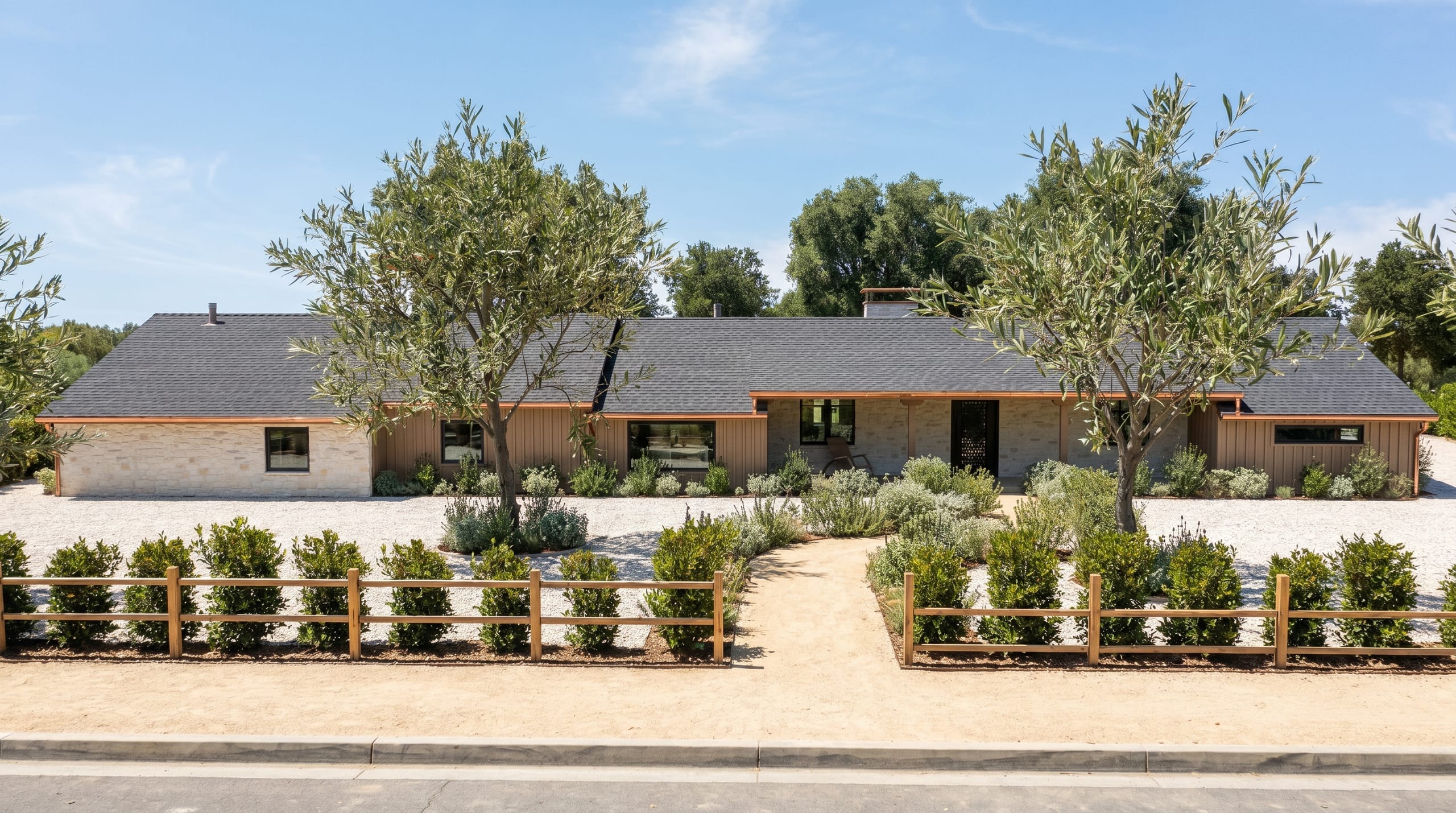 A DHRH residence in design, a stone and board and batten ranch among olive trees