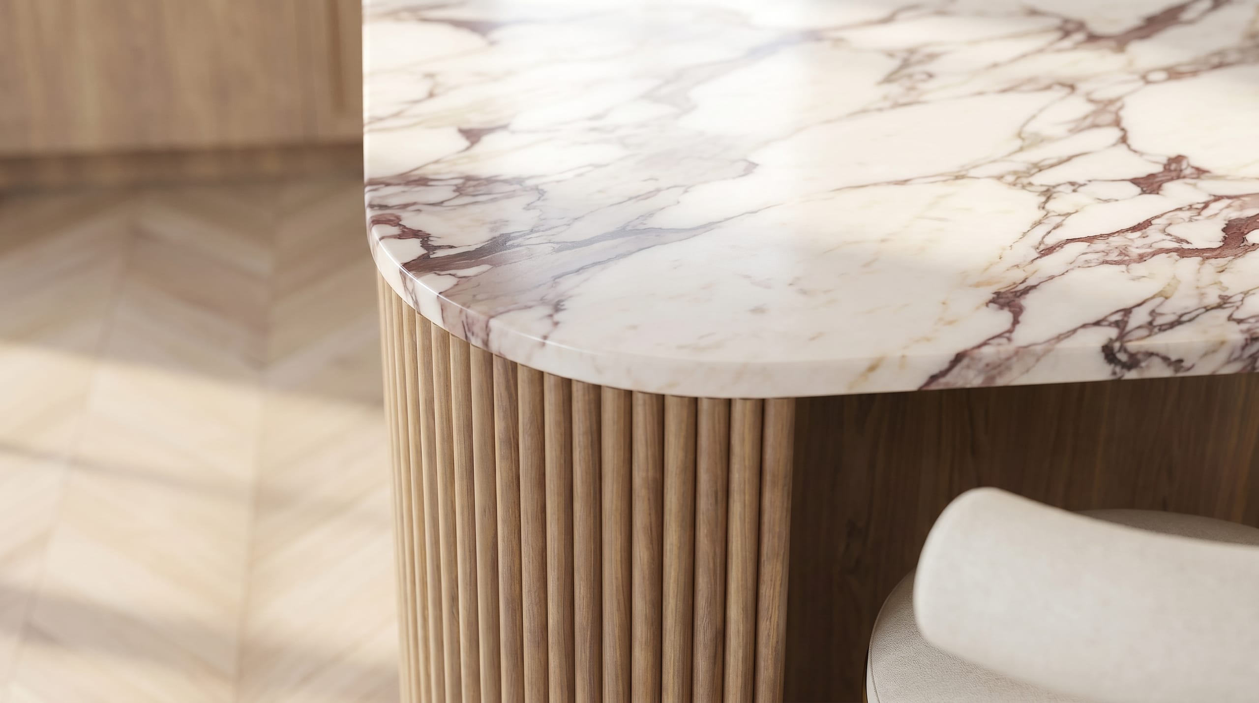 A rendered kitchen detail, Calacatta Viola marble on a fluted oak island